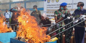 PEMUSNAHAN : Petugas Bea Cukai Jambi memusnahkan jutaan batang rokok ilegal hasil penindakan tahun 2025 dengan cara dibakar