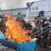 PEMUSNAHAN : Petugas Bea Cukai Jambi memusnahkan jutaan batang rokok ilegal hasil penindakan tahun 2025 dengan cara dibakar
